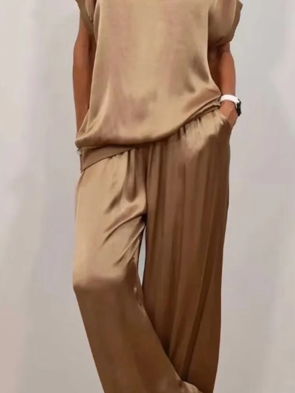 Relaxed Satin Wide-Leg Pants in Camel - Picture 1 of 7